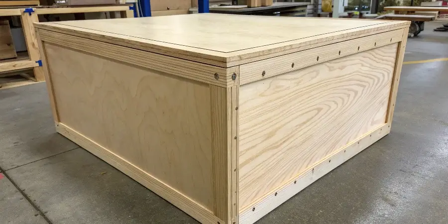 A close-up of the multi-layered edge of a piece of high-quality plywood