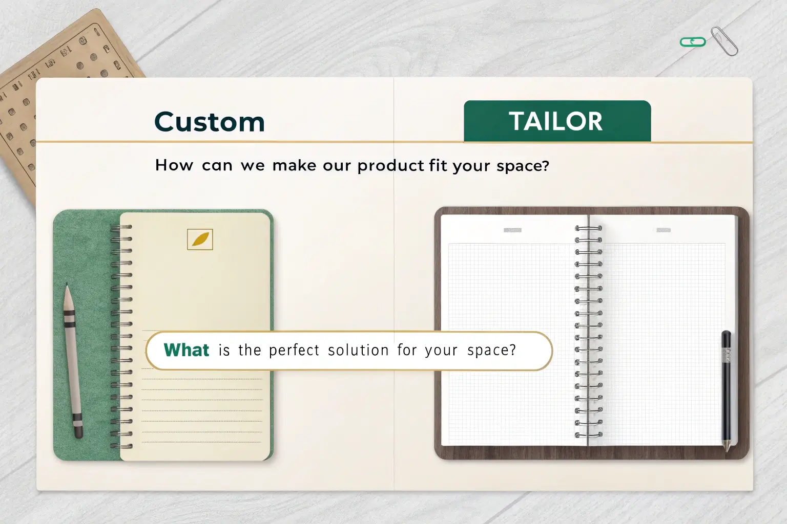 A side-by-side comparison: on the left, a color swatch book for a standard chair; on the right, a clay model for a brand-new chair design.