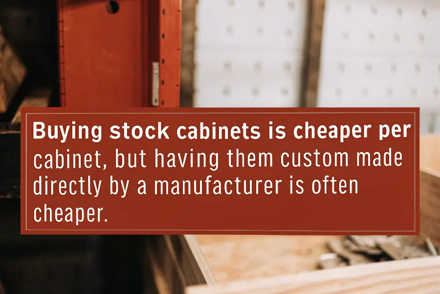 A split image showing standard stock cabinets vs perfectly fitted custom-made cabinets