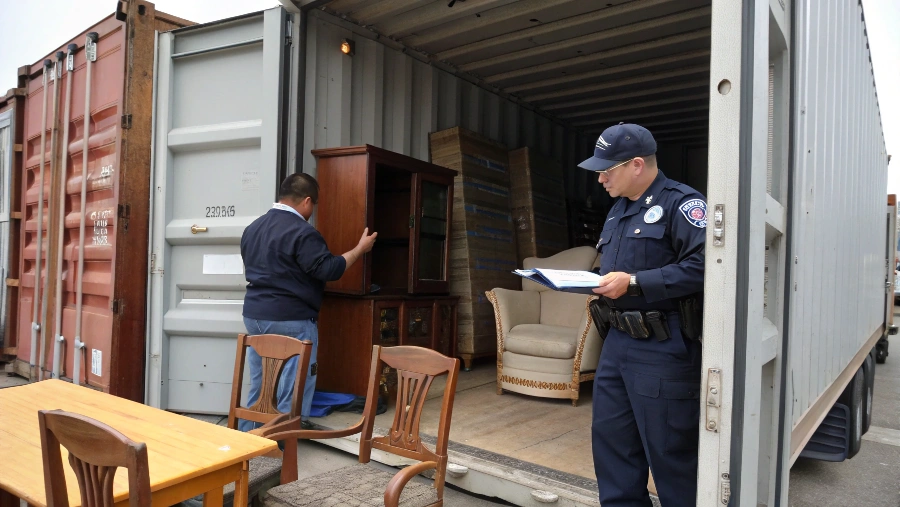 A customs officer reviewing paperwork with a container in the background