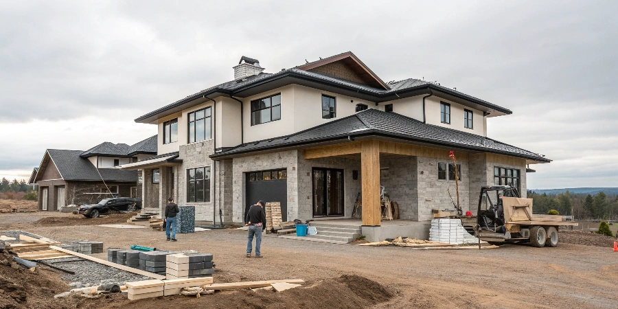 A split image showing a beautiful custom home on one side and a construction site with challenges on the other