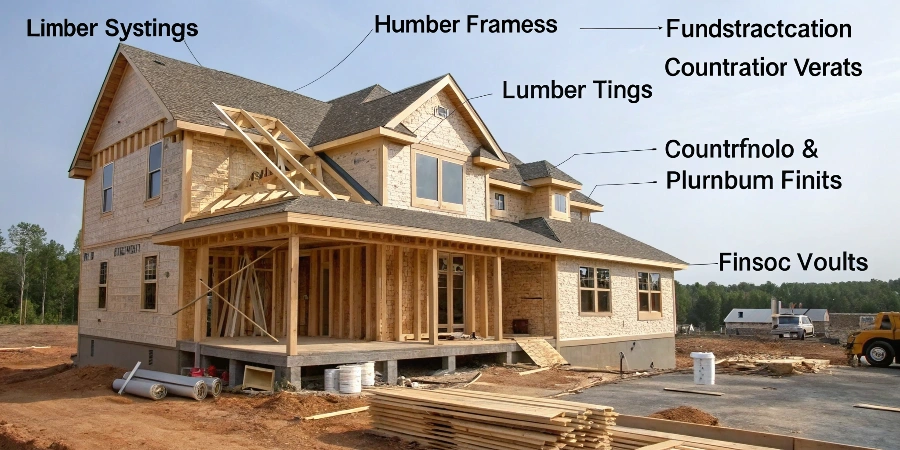 A construction site highlighting the foundation, frame, and roof of a new home