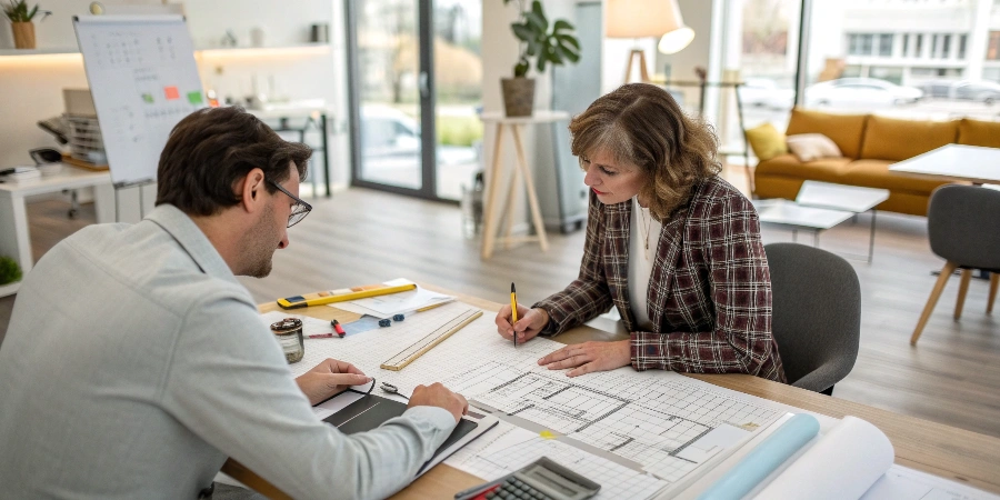 An interior designer meeting with a client in their home, reviewing blueprints and fabric swatches