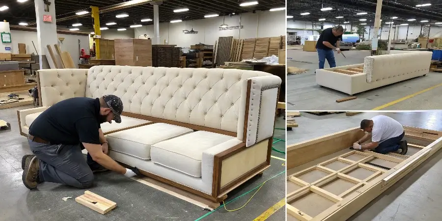 A furniture artisan carefully upholstering a custom couch in a workshop