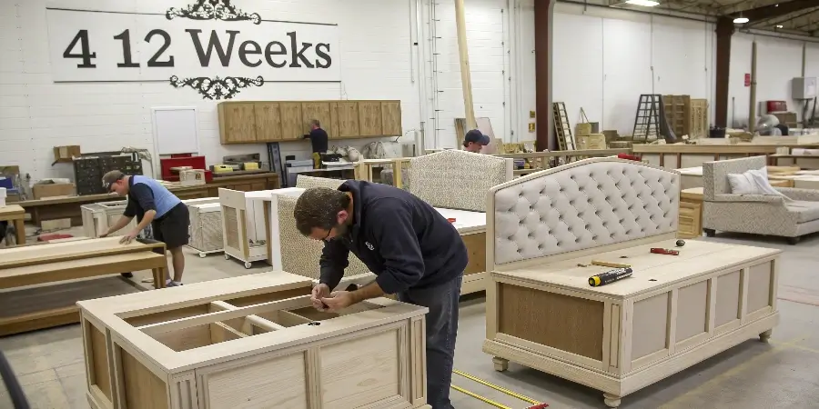 A calendar graphic showing the stages of custom furniture production from design to delivery