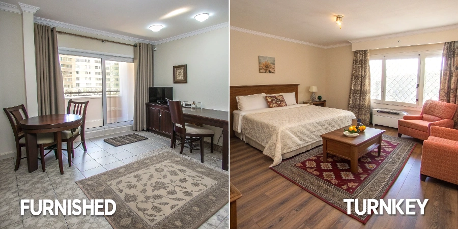 A split image showing a basic furnished room versus a professionally designed turnkey room