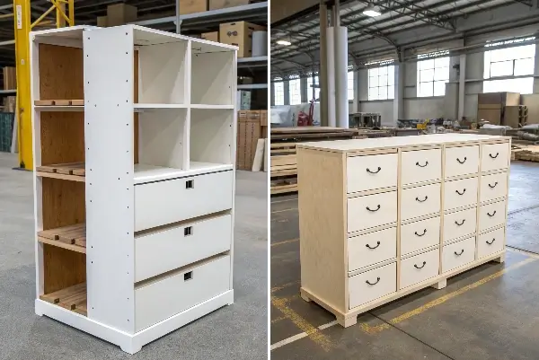 A cohesive, fully customized living space next to standard modular office cubicles