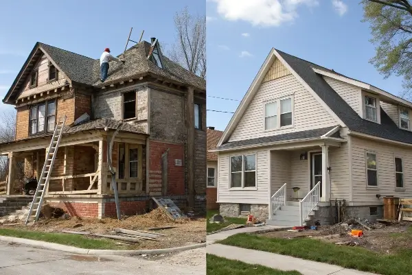 A side-by-side comparison of a charming old house and a sleek modern new-build home