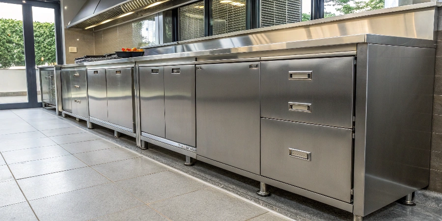 A sleek, modern kitchen featuring elegant stainless steel cabinets and integrated appliances