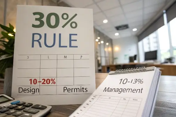 A pie chart breaking down a renovation budget into labor, materials, and a 30% section for contingency and soft costs