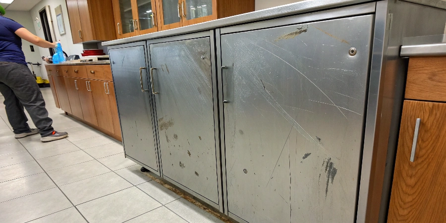 A close-up view of fingerprints and smudges on a shiny stainless steel cabinet door