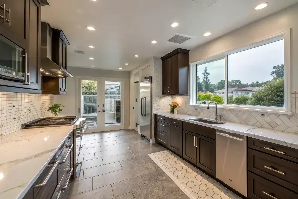 A stylishly renovated kitchen and an adjacent bathroom, showcasing what a $100k budget can achieve