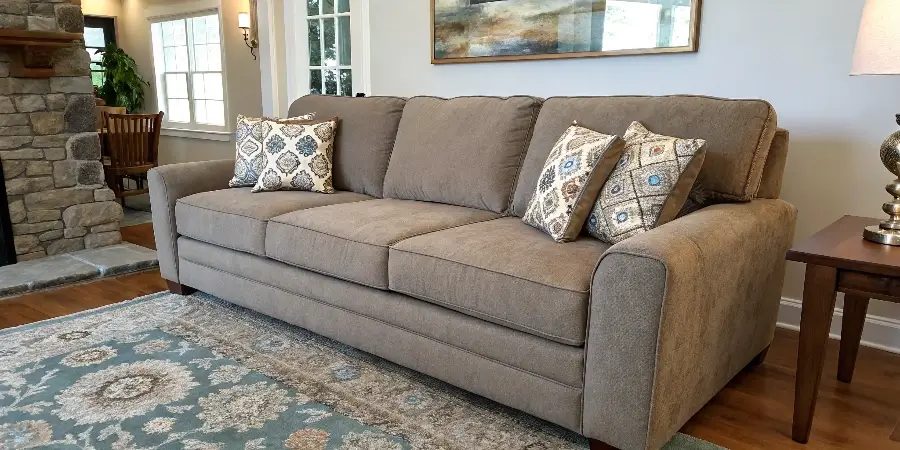 A family happily relaxing on a beautiful, perfectly-sized custom couch in their living room