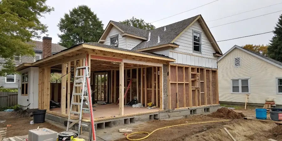 A House During a Full Remodel The interior of a house stripped down to the wooden studs and framework