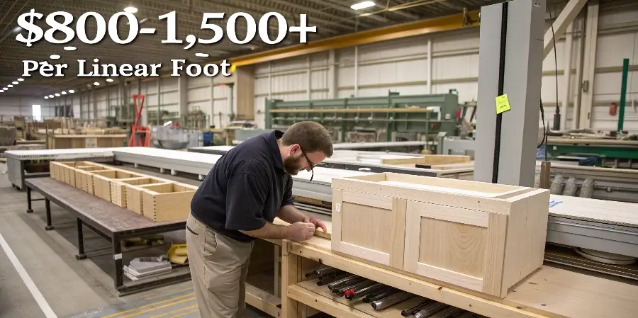 Custom Cabinet Maker vs. Volume Manufacturer Cost A split image showing a single custom cabinet being built by hand versus a production line of cabinets