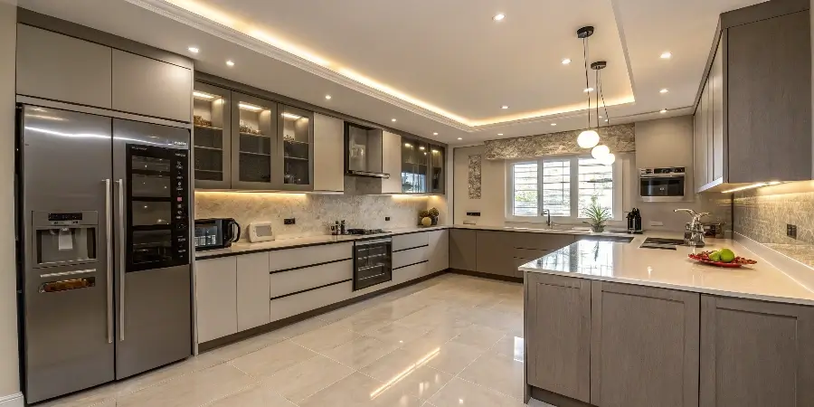 A set of keys being handed over in front of a newly installed, beautiful kitchen