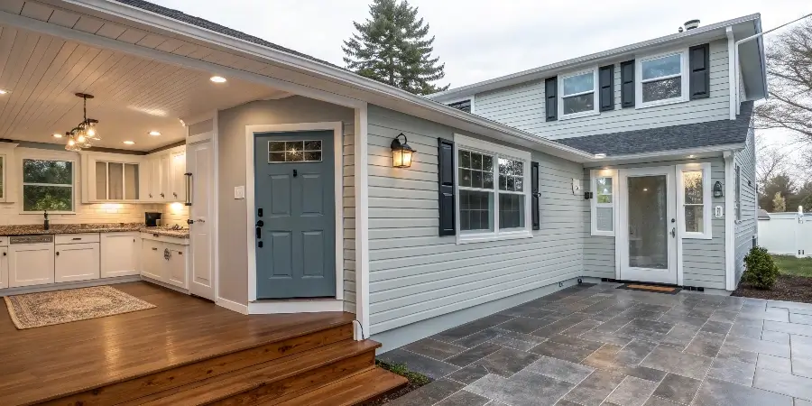 Before and After a Whole House Remodel A house split in half showing an old, dated interior on one side and a modern, fully remodeled interior on the other