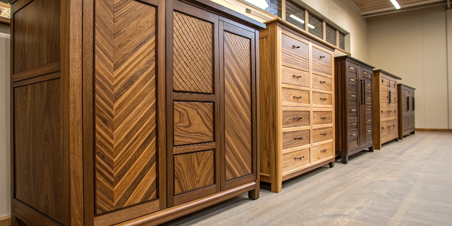 Samples of Expensive Cabinet Woods A display of various expensive wood samples, highlighting their unique grains and colors