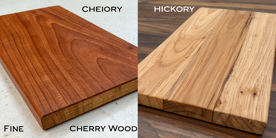 Comparing Cherry and Hickory Wood A split image showing a smooth cherry wood cabinet door on one side and a rustic hickory door on the other
