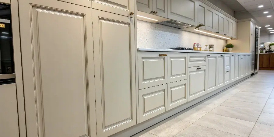 MDF vs. Solid Wood Door Stability A side-by-side image showing a cracked solid wood cabinet door next to a flawless MDF door