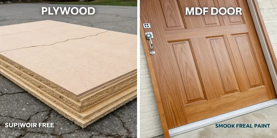 Plywood's Superior Moisture Resistance and Durability A side-by-side comparison of a water-damaged MDF board next to a largely unaffected plywood board