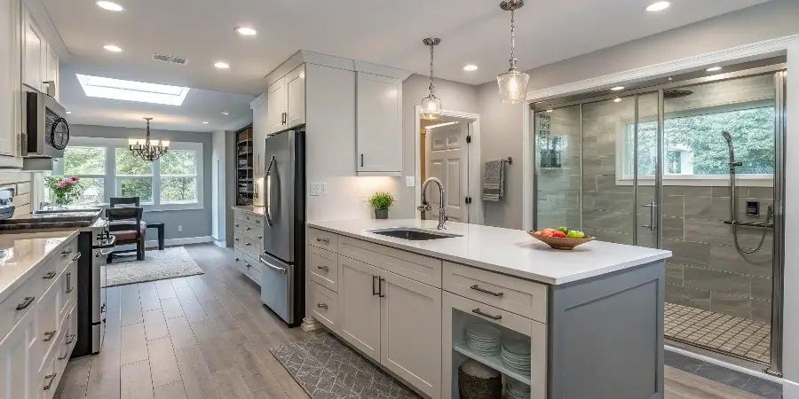 A house with a golden glowing kitchen and bathroom, indicating high value