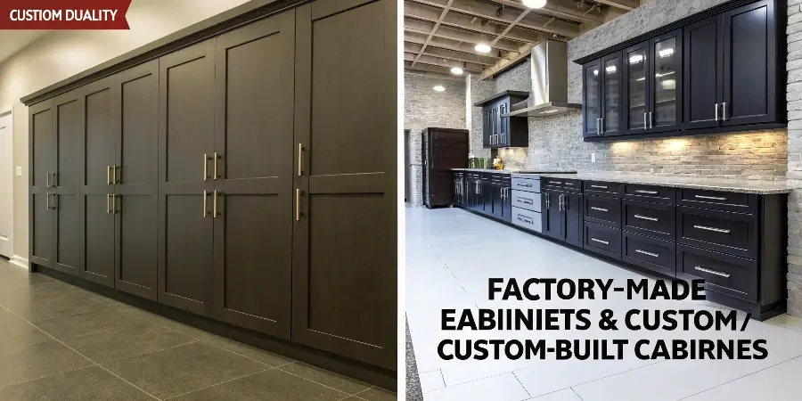 Factory Production vs. Custom Carpentry An image comparing a high-tech cabinet factory assembly line to a single carpenter working in a garage