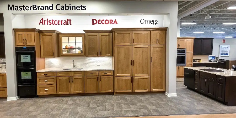 The Largest US Cabinet Manufacturer's Brand Portfolio An infographic showing a large corporate building with arrows pointing to many smaller cabinet brand logos