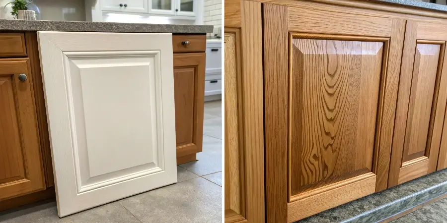 Hybrid Cabinet Construction: MDF Door and Wood Box An exploded view of a cabinet showing a plywood box and an MDF door