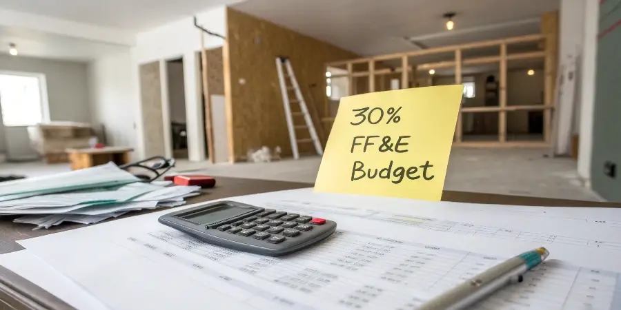 A pie chart of a renovation budget with a 30% slice labeled FF&E