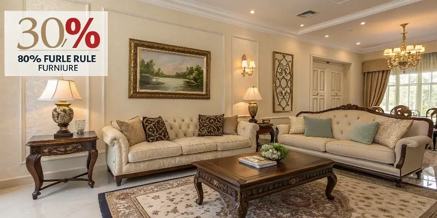 The 30% Rule in Remodeling A balancing scale with a house on one side and a pile of furniture on the other