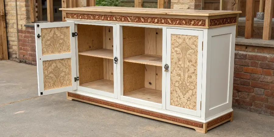 The Best Wood for Each Part of a Cabinet A diagram showing a cabinet with labels pointing to the plywood box, MDF door, and solid wood trim