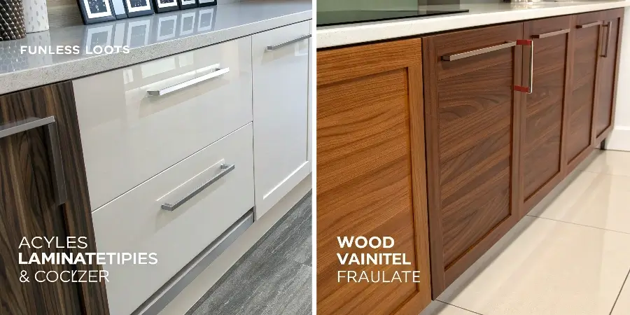 Types of Kitchen Cabinet Finishes An array of cabinet door samples showing different finishes: acrylic, laminate, lacquer, and wood veneer