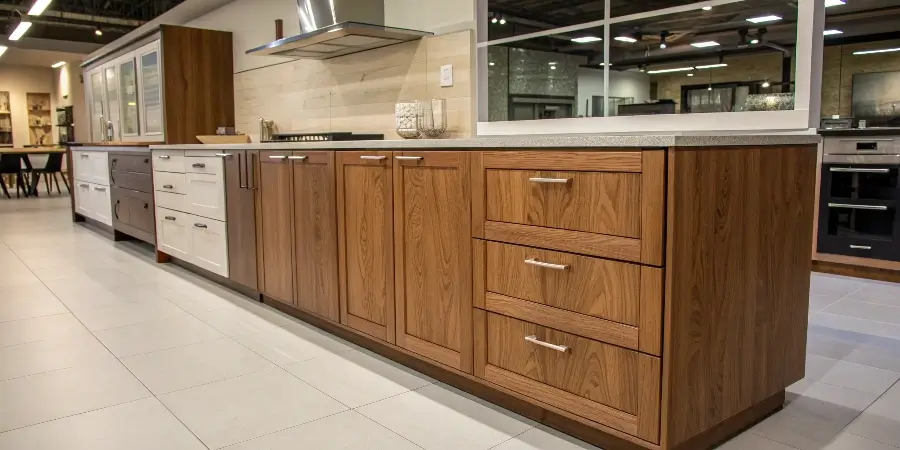 Features of High-Value Kitchen Cabinets A cutaway view of a quality kitchen cabinet, highlighting its plywood construction and durable hardware
