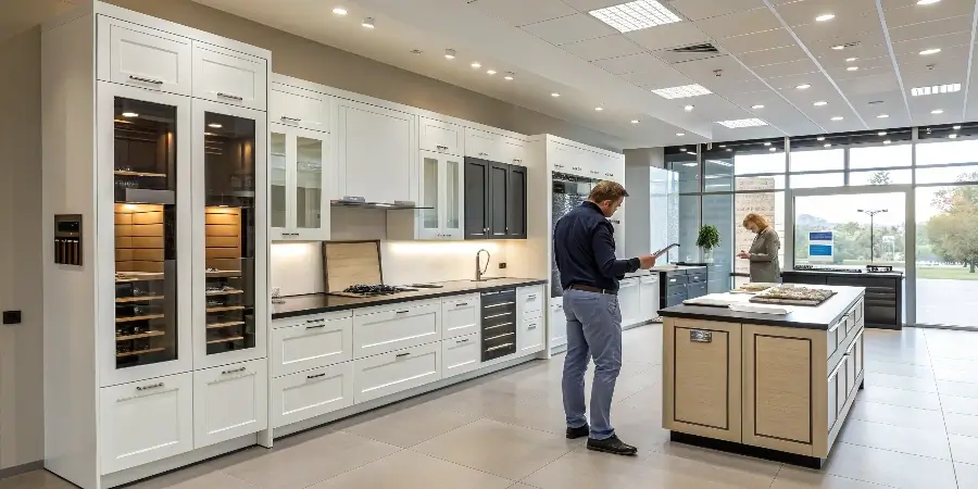 Searching for Kitchen Cabinets Locally A person looking at a map with pins for local cabinet stores, looking confused and overwhelmed