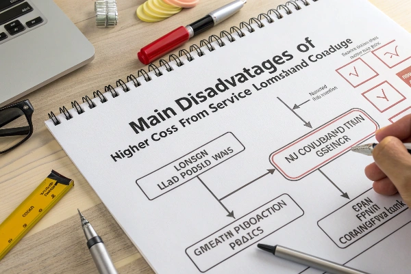 A warning sign showing icons for high cost, long wait time, and communication breakdown