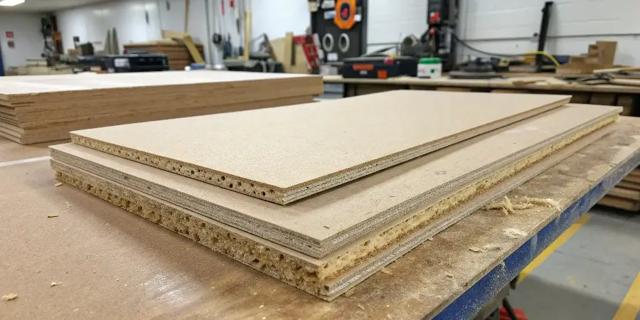 Water Damage on an MDF Board A swollen and damaged MDF board that has been exposed to water