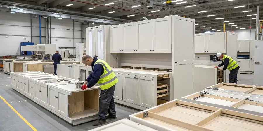 Inside a Modern Cabinet Manufacturing Facility A bustling, clean, and organized cabinet factory floor with CNC machines