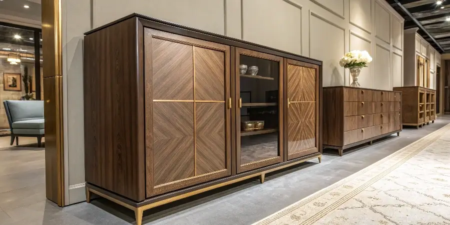 Materials Used in High-End Cabinetry A sleek, modern high-end kitchen with flawless lacquered doors and rich wood veneer accents