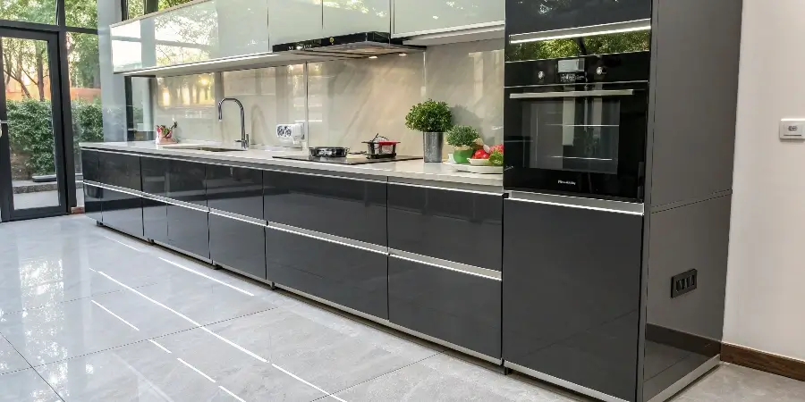 A well-designed acrylic kitchen A bright, modern kitchen with perfectly installed, gleaming white acrylic cabinets