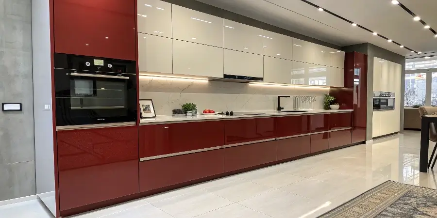 Durable and Sleek Lacquer Cabinet Finish A close-up shot of a high-gloss lacquered cabinet door, reflecting light like a mirror