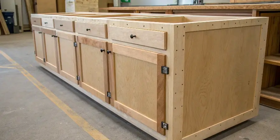 Plywood for Cabinet Bones, MDF for the Face An infographic showing a cabinet skeleton made of plywood and a cabinet door made of MDF