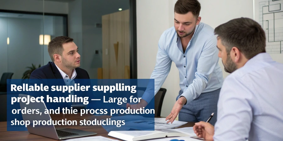 A project manager reviewing production schedules and shop drawings with a factory owner.