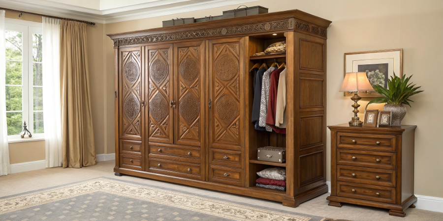 A luxury bespoke wardrobe with intricate details and high-end materials.