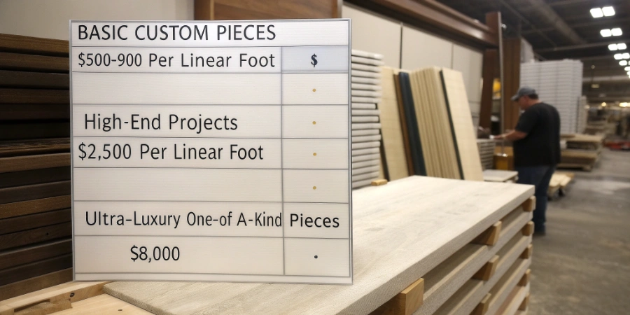 A luxurious living room with high-end bespoke furniture, including a complex media unit and shelving.