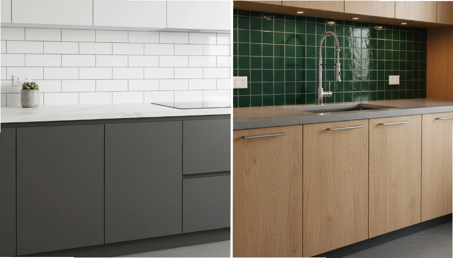 A split image showing a warm, classic wood kitchen on one side and a sleek, modern stainless steel kitchen on the other.