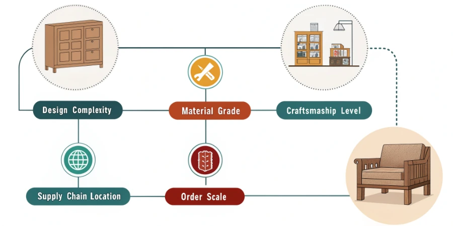 A designer and client reviewing blueprints and material samples for a custom furniture project.