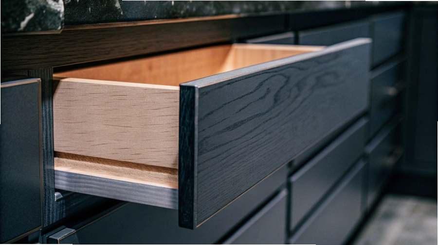 A craftsman inspecting the perfect dovetail joint on a high-end wooden cabinet drawer.