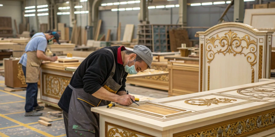 A craftsman carefully applying a finish to a piece of custom furniture in a workshop.
