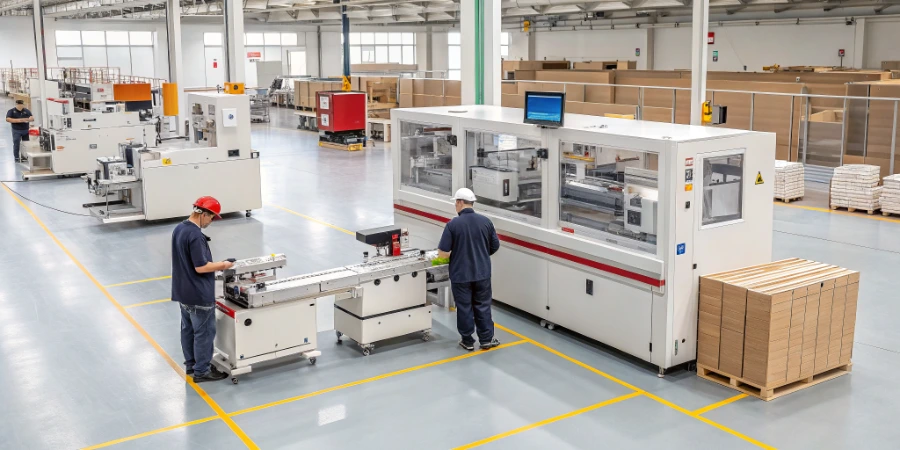 A clean factory workshop showing CNC machines, edge banders, and a pre-assembly area.